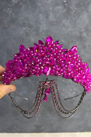 Fuşya Cudy Yoğun Boncuk İşlemeli Alınlık Gelin Kına Tacı