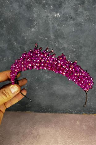 Fuşya Edis Boncuk İşlemeli Gelin Kına Tacı