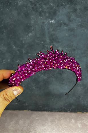 Fuşya Edis Boncuk İşlemeli Gelin Kına Tacı