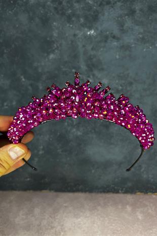 Fuşya Edis Boncuk İşlemeli Gelin Kına Tacı