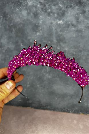 Fuşya Edis Boncuk İşlemeli Gelin Kına Tacı