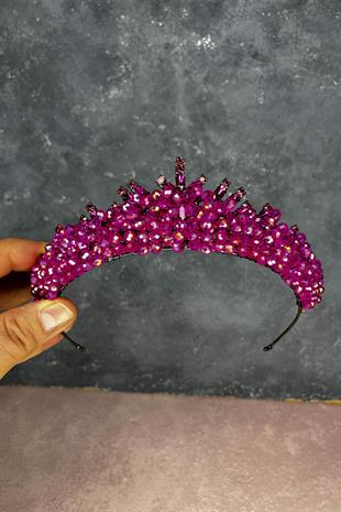 Fuşya Edis Boncuk İşlemeli Gelin Kına Tacı