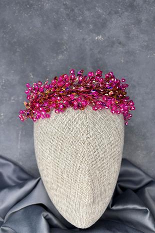 Fuşya Elisa Boncuklu Gelin Kına Tacı Saç Ve Türban Aksesuarı