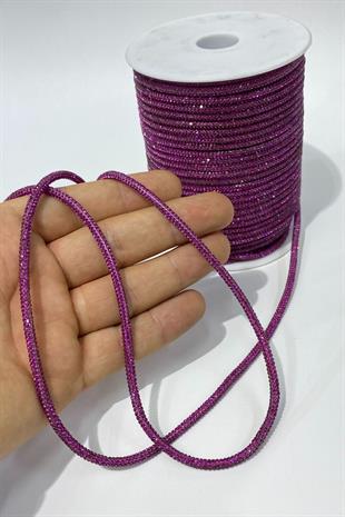 Fuşya Renkli Tam Taş İşlemeli Boru Şerit Kordon