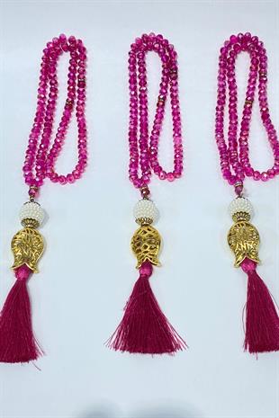 Fuşya Hediyelik Laleli Püsküllü Kristal Boncuklu 99 Lu Namaz Tesbihi ( Mevlüt-sünnet-hac-umre)