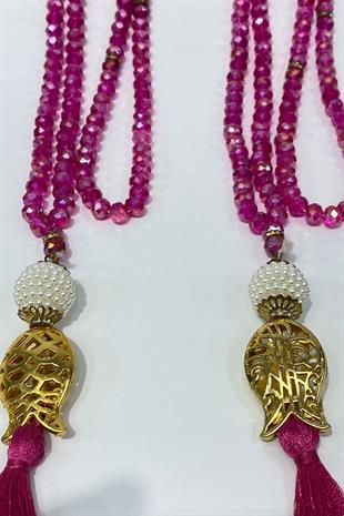 Fuşya Hediyelik Laleli Püsküllü Kristal Boncuklu 99 Lu Namaz Tesbihi ( Mevlüt-sünnet-hac-umre)