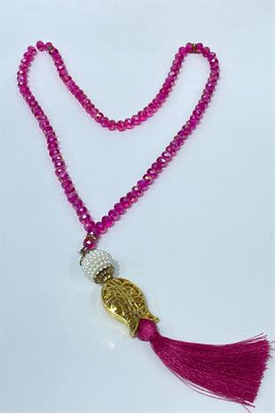 Fuşya Hediyelik Laleli Püsküllü Kristal Boncuklu 99 Lu Namaz Tesbihi ( Mevlüt-sünnet-hac-umre)