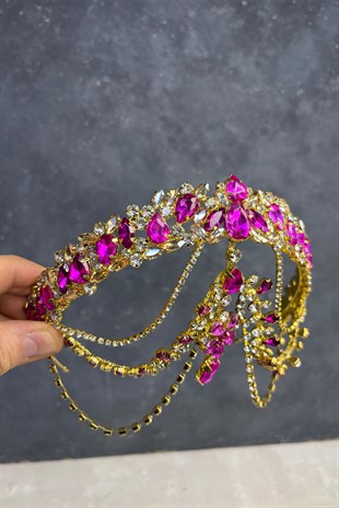 Fuşya Hera Gold Zemin Sallantılı Alınlık Gelin Kına Tacı