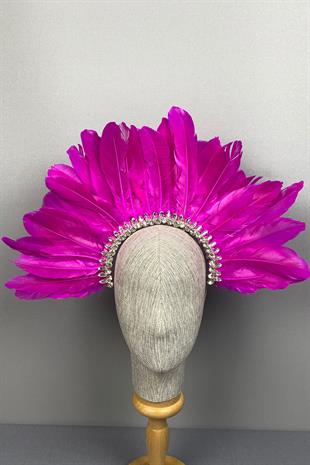 Fuşya Hera Tüylü Taşlı Gelin Kına Tacı Aksesuar