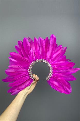 Fuşya Hera Tüylü Taşlı Gelin Kına Tacı Aksesuar