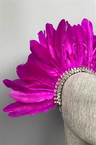 Fuşya Hera Tüylü Taşlı Gelin Kına Tacı Aksesuar