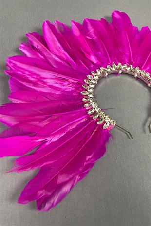 Fuşya Hera Tüylü Taşlı Gelin Kına Tacı Aksesuar