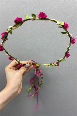 Fuşya Kagıt Güllü Yapraklı Nedime Tacı ve Hediyelik Çocuk Tacı