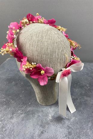 Fuşya Ortancalı Ve Cipsolu İncili Dış Çekim Gelin Tacı