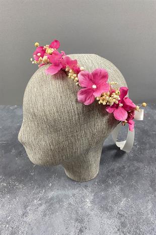 Fuşya Ortancalı Ve Cipsolu İncili Dış Çekim Gelin Tacı