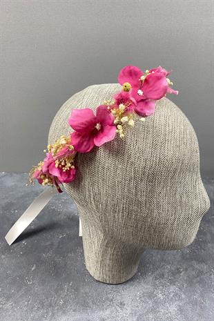 Fuşya Ortancalı Ve Cipsolu İncili Dış Çekim Gelin Tacı