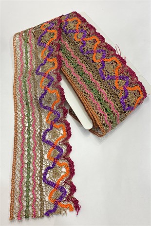 Fuşya Simli Dantel İşlemeli Antik Şerit