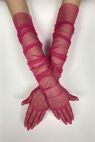 Fuşya Uzun Şık Gelin Eldiveni Tül Eldiven Nikah/Düğün/Parti Eldiveni