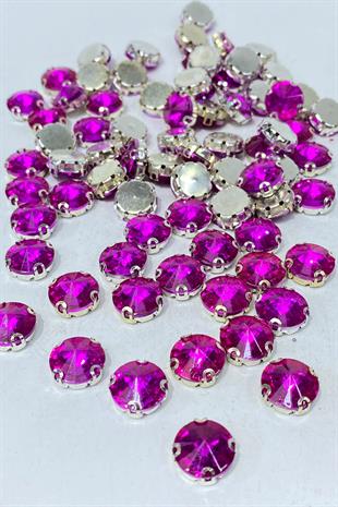 Fuşya Yuvarlak Kasalı Dikme Cam Taş Kristal Boncuk 10 Adet