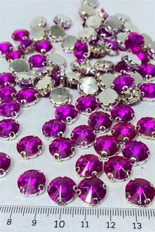 Fuşya Yuvarlak Kasalı Dikme Cam Taş Kristal Boncuk 10 Adet