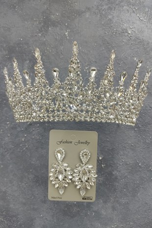 Gatria Model Gelin Tacı Ve Damla Taşlı Küpe