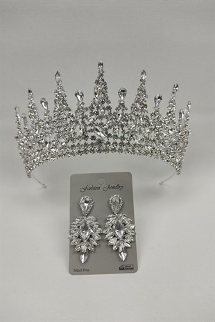 Gatria Model Gelin Tacı Ve Damla Taşlı Küpe