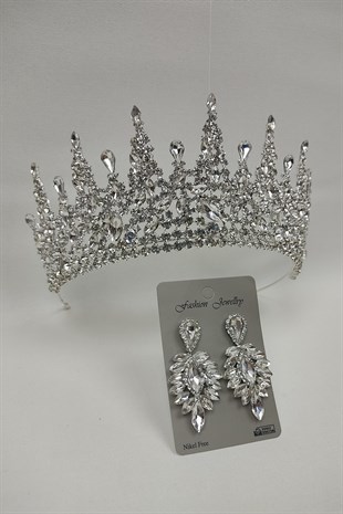 Gatria Model Gelin Tacı Ve Damla Taşlı Küpe