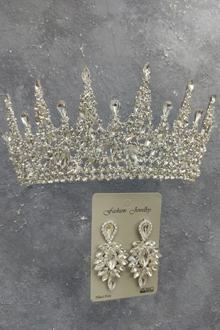 Gatria Model Gelin Tacı Ve Damla Taşlı Küpe