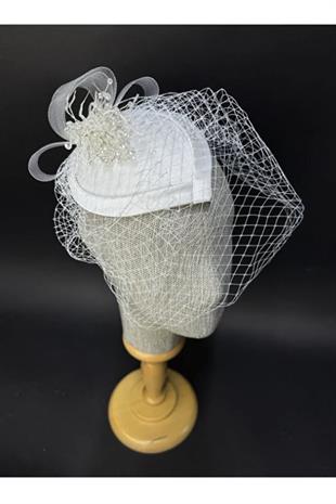 Gelin Nikah Şapkası Kristal İşlemeli Tül Fiyonklu Saç Aksesuarı