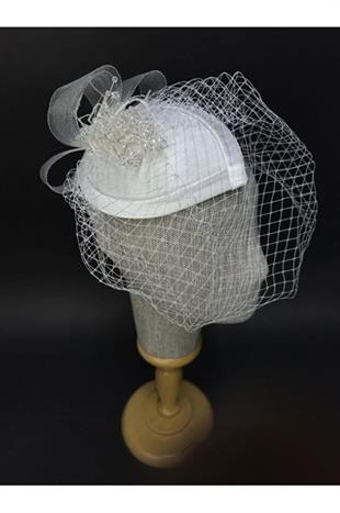 Gelin Nikah Şapkası Kristal İşlemeli Tül Fiyonklu Saç Aksesuarı