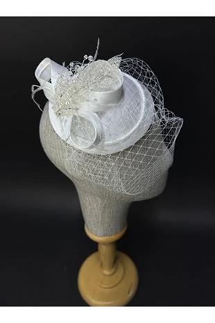 Gelin Nikah Şapkası Kurdele Detaylı Kristal Süslemeli Kep Aksesuarı