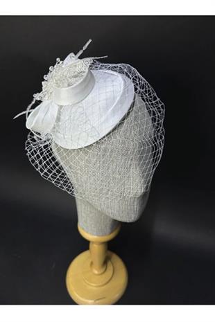 Gelin Nikah Şapkası Kurdele Detaylı Kristal Süslemeli Kep Aksesuarı