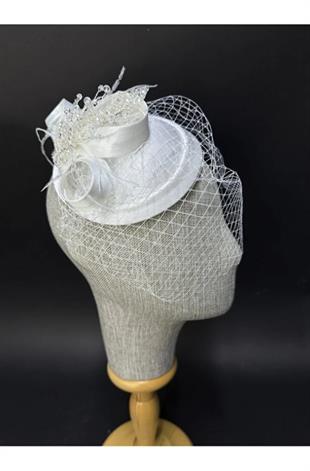Gelin Nikah Şapkası Kurdele Detaylı Kristal Süslemeli Kep Aksesuarı