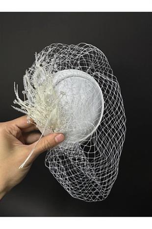 Gelin Nikah Vualet Şapkası Şifon Çiçekli Tüy Detaylı Peçeli Nikah Aksesuarı