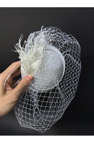 Gelin Nikah Vualet Şapkası Şifon Çiçekli Tüy Detaylı Peçeli Nikah Aksesuarı