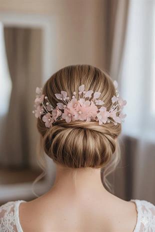 Bridal Tiara with Flowers, Crystal Beads, and Comb Hair Clip