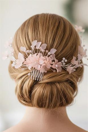 Bridal Tiara with Flowers, Crystal Beads, and Comb Hair Clip
