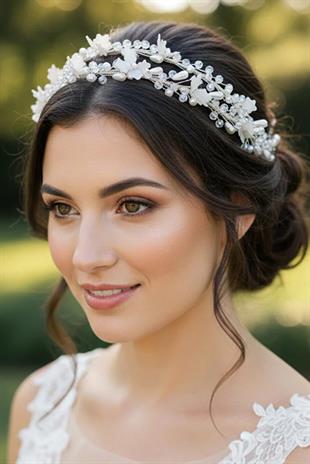 Bridal Tiara with Pearls and Crystal Beads, Floral Bridal Hair Accessory, Engagement Tiara