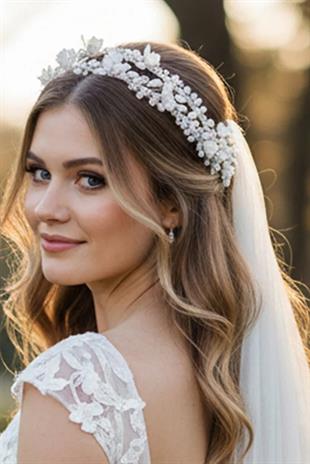 Bridal Tiara with Pearls and Crystal Beads, Floral Bridal Hair Accessory, Engagement Tiara