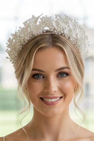 Bridal Tiara with Pearl and Crystal Beads, Handmade Leaf Detail, Wedding Hair Accessory, Engagement Tiara