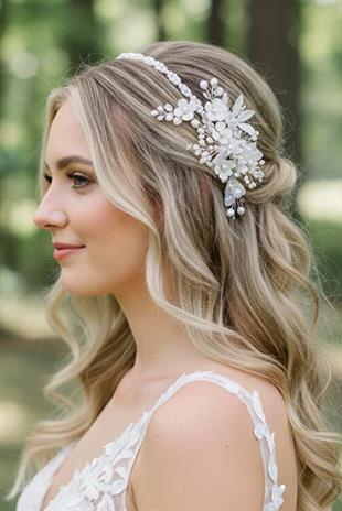 Bridal Tiara Hair Accessory with Pearl and Crystal Beaded Flower Details