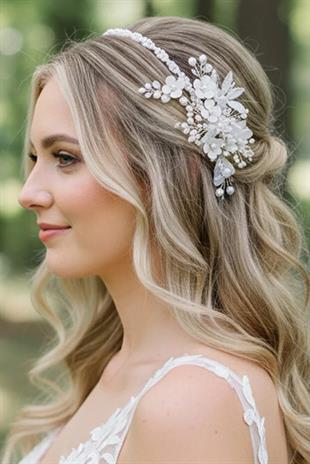 Bridal Tiara Hair Accessory with Pearl and Crystal Beaded Flower Details