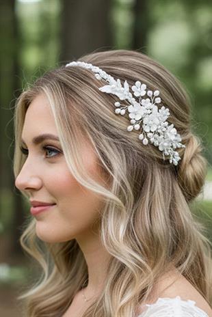 Bridal Tiara Hair Accessory with Pearl and Crystal Beaded Flower Details