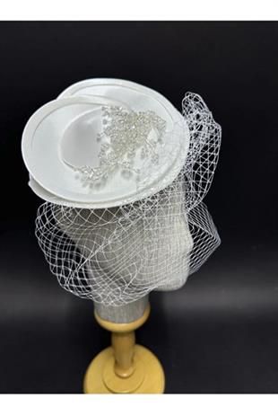 Gelin Vualet Şapka Kristal İşlemeli Duvaklı Nikah Saç Aksesuarı