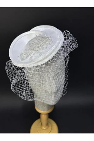 Gelin Vualet Şapka Kristal İşlemeli Duvaklı Nikah Saç Aksesuarı