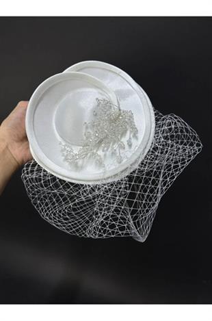 Gelin Vualet Şapka Kristal İşlemeli Duvaklı Nikah Saç Aksesuarı