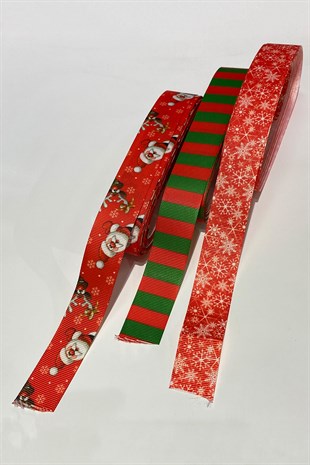 Geyikli ve Kartanesi Baskılı Yılbaşı Kurdelesi 2,5 cm 30 mt Kırmızı