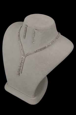 Giba Su Yolu Kristal Taşlı Abiye Kolye Küpe Seti Ve Lale Gelin Tacı