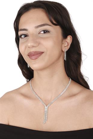 Giba Su Yolu Kristal Taşlı Abiye Kolye Küpe Seti Ve Gül Gelin Tacı 