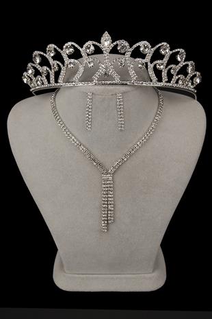 Giba Su Yolu Kristal Taşlı Abiye Kolye Küpe Seti Ve Gül Gelin Tacı 